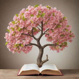 Produce an inspiring image about learning, lessons, and growth in place of failure. Display this in an abstract motif of a flowering tree with knowledge books replacing leaves.