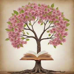 Produce an inspiring image about learning, lessons, and growth in place of failure. Display this in an abstract motif of a flowering tree with knowledge books replacing leaves.