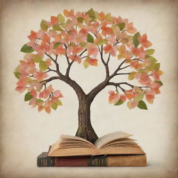 Produce an inspiring image about learning, lessons, and growth in place of failure. Display this in an abstract motif of a flowering tree with knowledge books replacing leaves.