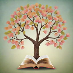 Produce an inspiring image about learning, lessons, and growth in place of failure. Display this in an abstract motif of a flowering tree with knowledge books replacing leaves.