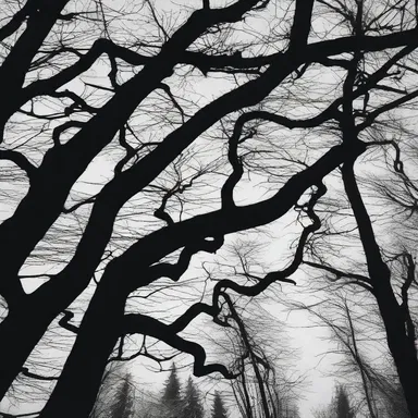 In the eerie atmosphere of the haunted woods, the twisted branches of the cedar trees created haunting silhouettes.