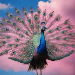 A majestic peacock in full flight against a vivid sky transitioning between shades of pink and blue