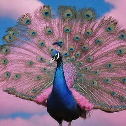 A majestic peacock in full flight against a vivid sky transitioning between shades of pink and blue