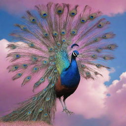 A majestic peacock in full flight against a vivid sky transitioning between shades of pink and blue