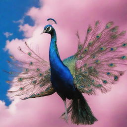 A majestic peacock in full flight against a vivid sky transitioning between shades of pink and blue