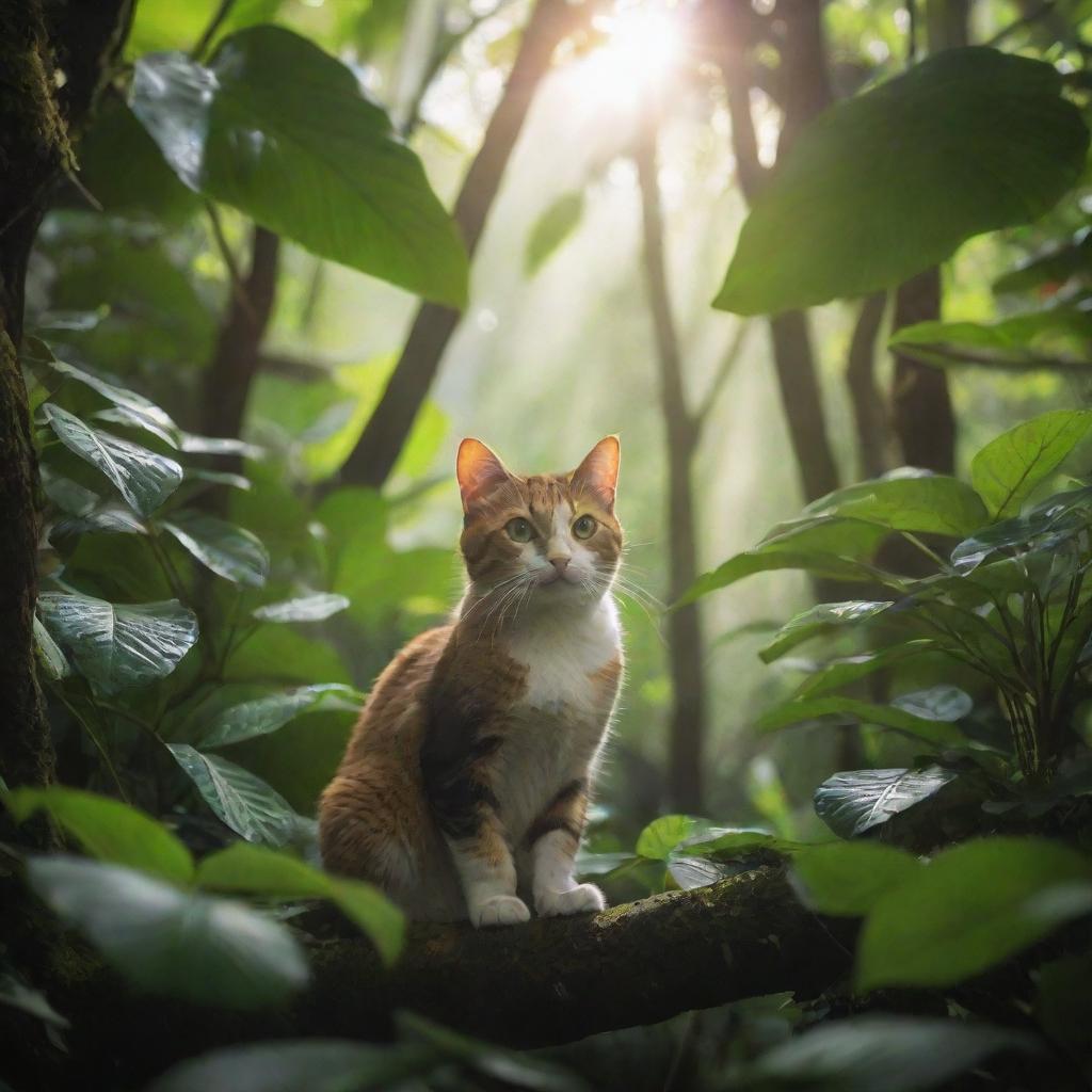 A nimble cat exploring a dense, colorful jungle, with sunlight filtering through the overhead canopy.