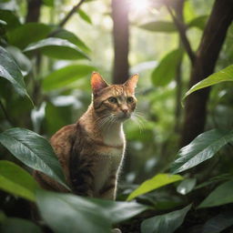 A nimble cat exploring a dense, colorful jungle, with sunlight filtering through the overhead canopy.