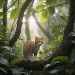 A nimble cat exploring a dense, colorful jungle, with sunlight filtering through the overhead canopy.