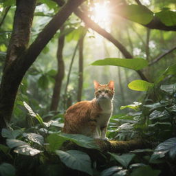 A nimble cat exploring a dense, colorful jungle, with sunlight filtering through the overhead canopy.