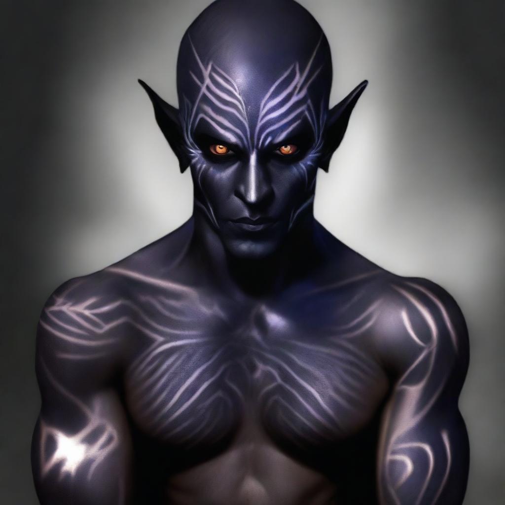 A digital art of a male dark elf, with a deep, mysterious aura