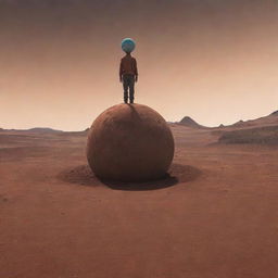 A person standing on a planet, with a tiny alien planet resting on their head.