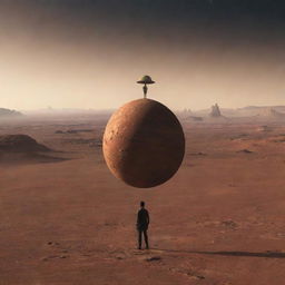 A person standing on a planet, with a tiny alien planet resting on their head.