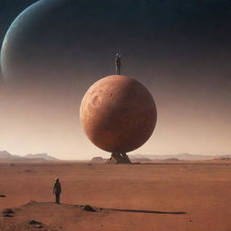 A person standing on a planet, with a tiny alien planet resting on their head.