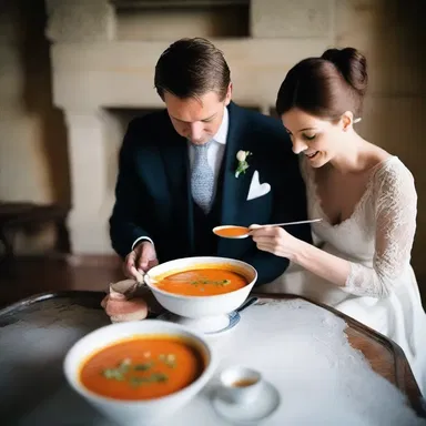 As the couple sat by the fireplace, he gently fed her soup with a dipper, a symbol of their love and care.