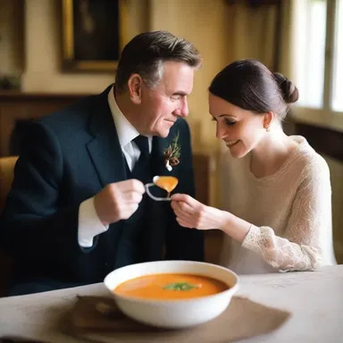 As the couple sat by the fireplace, he gently fed her soup with a dipper, a symbol of their love and care.