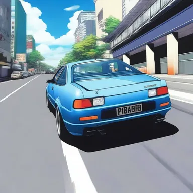 In the intense anime race, the protagonist expertly pulls the hand brake to execute a perfect drift around the sharp corner.