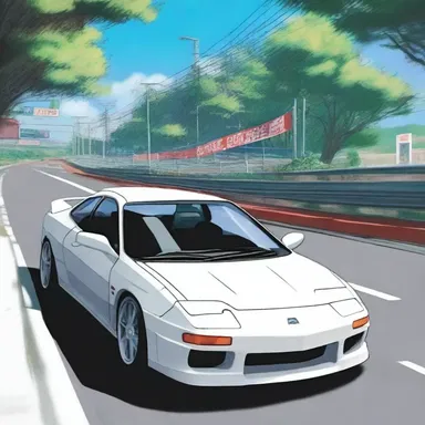 In the intense anime race, the protagonist expertly pulls the hand brake to execute a perfect drift around the sharp corner.