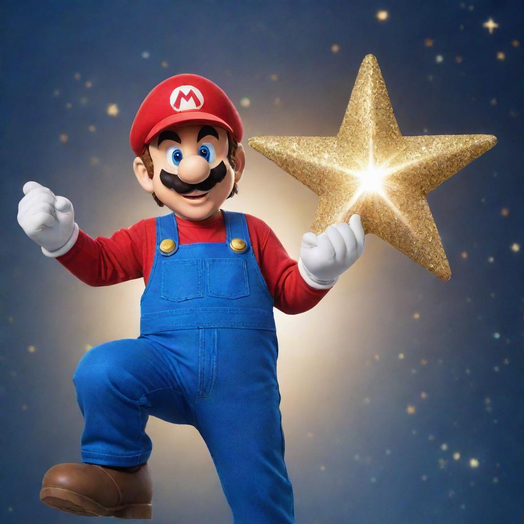 Super Mario, in his iconic blue overalls and red shirt, with a gleaming Super Star floating above his hand, surrounded by golden sparkles.