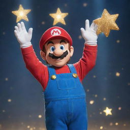 Super Mario, in his iconic blue overalls and red shirt, with a gleaming Super Star floating above his hand, surrounded by golden sparkles.