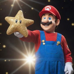 Super Mario, in his iconic blue overalls and red shirt, with a gleaming Super Star floating above his hand, surrounded by golden sparkles.