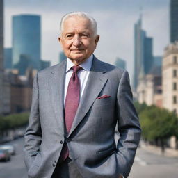 An updated, modern image of Ludwig von Mises, a prominent Austrian School economist, donned in a contemporary suit and standing in a bustling 21st century cityscape.