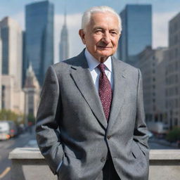 An updated, modern image of Ludwig von Mises, a prominent Austrian School economist, donned in a contemporary suit and standing in a bustling 21st century cityscape.