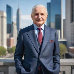 An updated, modern image of Ludwig von Mises, a prominent Austrian School economist, donned in a contemporary suit and standing in a bustling 21st century cityscape.