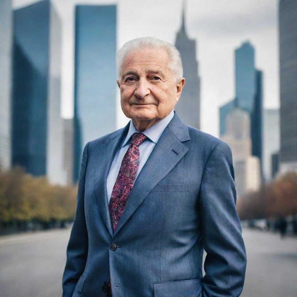 An updated, modern image of Ludwig von Mises, a prominent Austrian School economist, donned in a contemporary suit and standing in a bustling 21st century cityscape.