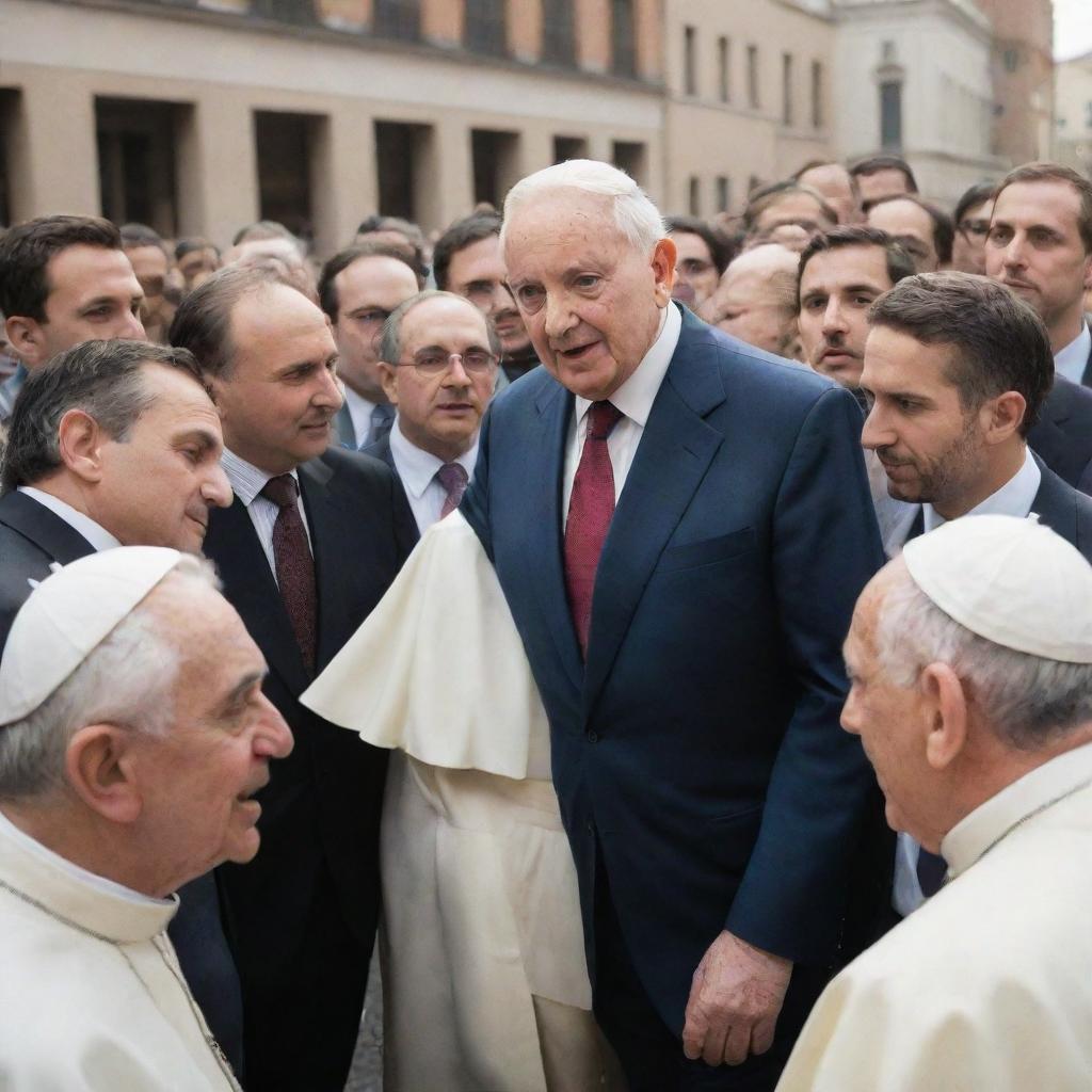 A modern interpretation of Ludwig von Mises, in a 21st century suit, engaged in a lively debate with Pope Francis, both surrounded by a crowd in a contemporary city scene.
