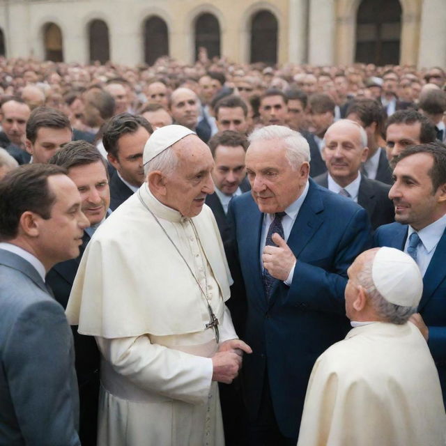 A modern interpretation of Ludwig von Mises, in a 21st century suit, engaged in a lively debate with Pope Francis, both surrounded by a crowd in a contemporary city scene.