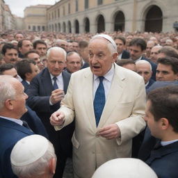 A modern interpretation of Ludwig von Mises, in a 21st century suit, engaged in a lively debate with Pope Francis, both surrounded by a crowd in a contemporary city scene.