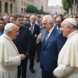 A modern interpretation of Ludwig von Mises, in a 21st century suit, engaged in a lively debate with Pope Francis, both surrounded by a crowd in a contemporary city scene.