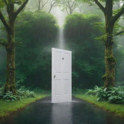 A 3D image of a surreal dreamlike scene featuring a pristine white door standing alone under a rain shower in the heart of a dense, emerald-green forest.