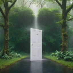 A 3D image of a surreal dreamlike scene featuring a pristine white door standing alone under a rain shower in the heart of a dense, emerald-green forest.