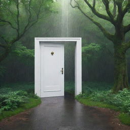 A 3D image of a surreal dreamlike scene featuring a pristine white door standing alone under a rain shower in the heart of a dense, emerald-green forest.