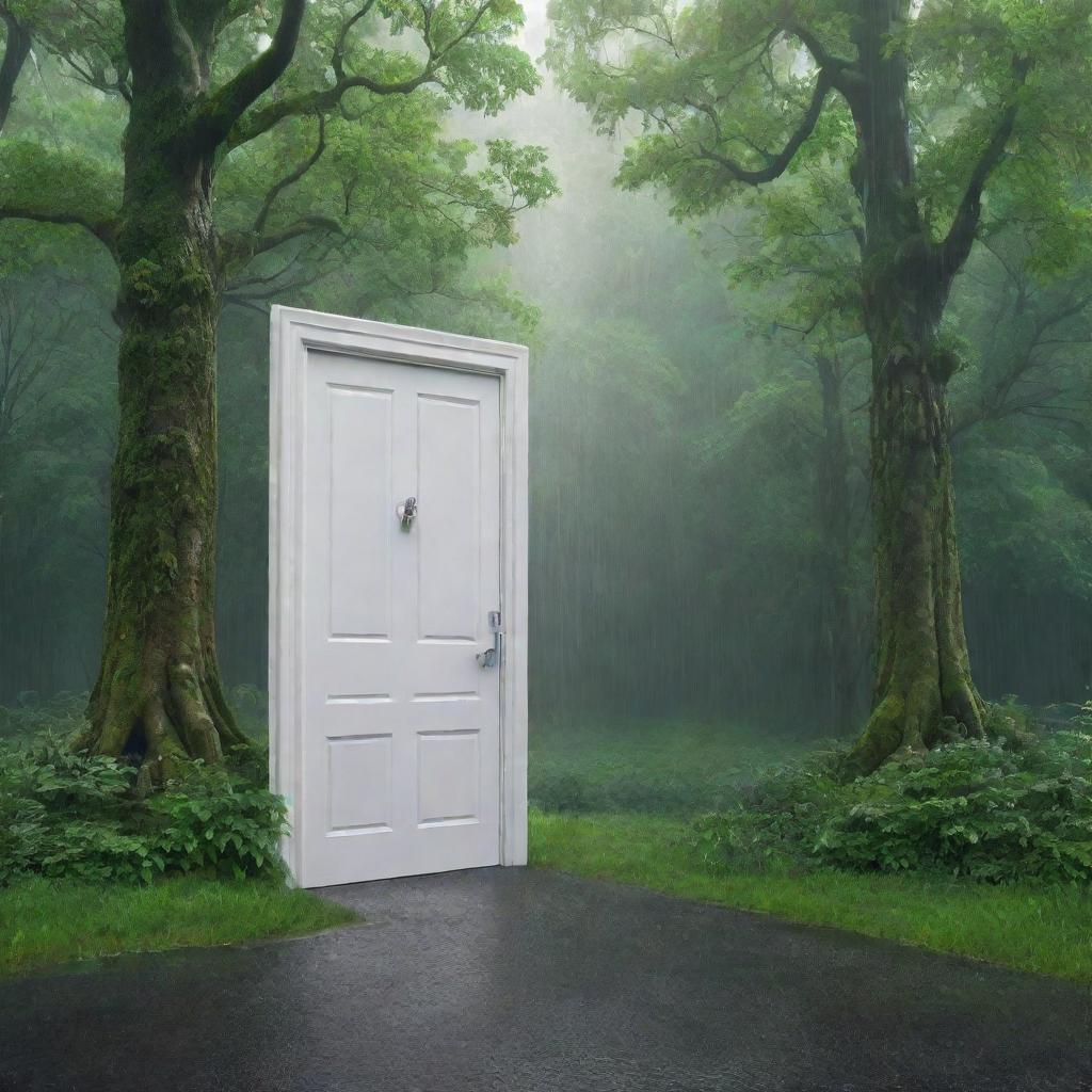 A 3D image of a surreal dreamlike scene featuring a pristine white door standing alone under a rain shower in the heart of a dense, emerald-green forest.