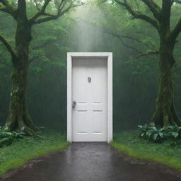 A 3D image of a surreal dreamlike scene featuring a pristine white door standing alone under a rain shower in the heart of a dense, emerald-green forest.