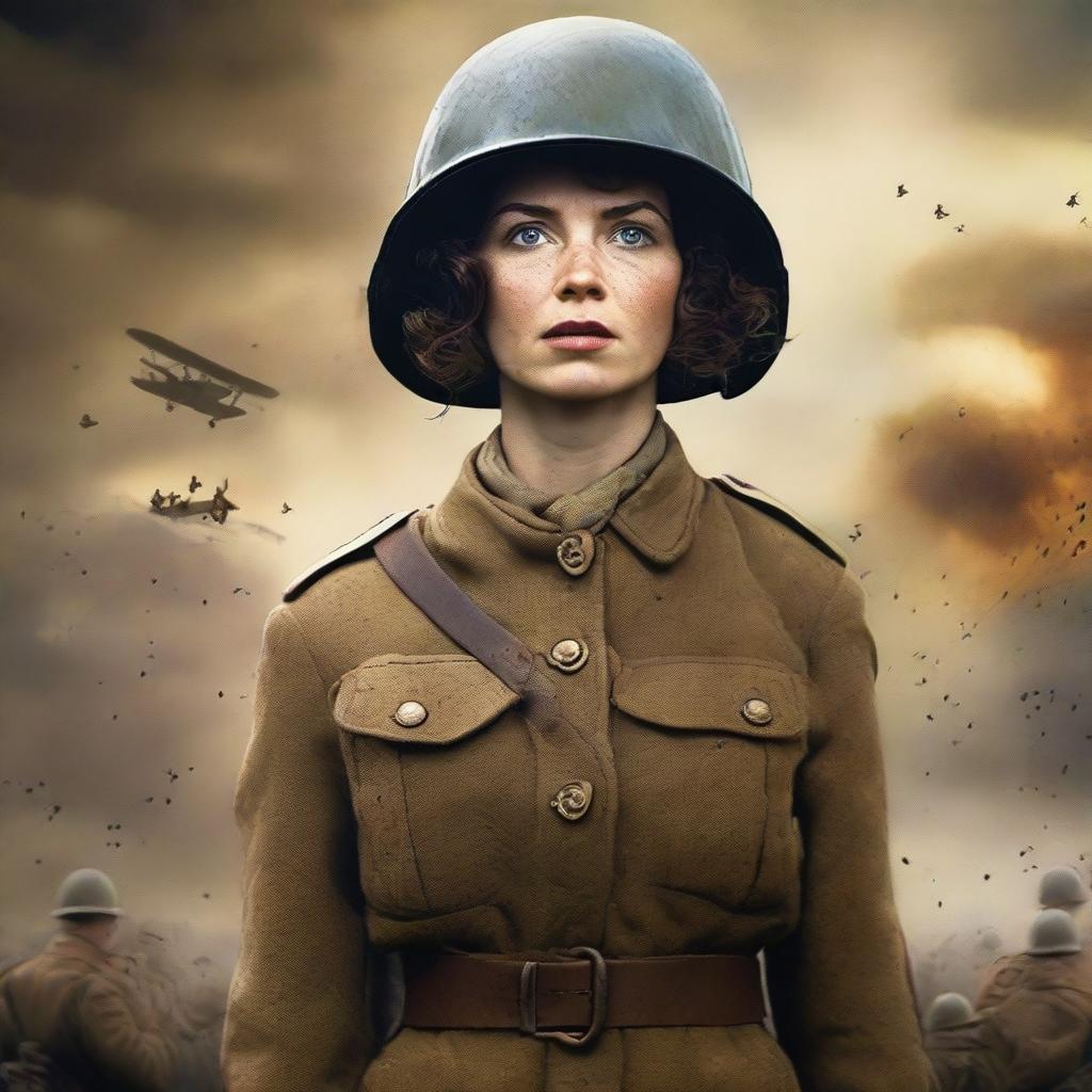 A high-quality, live-action film poster featuring Dorothy Lawrence, the fearless female journalist, disguised as a male British soldier during World War I