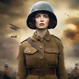 A high-quality, live-action film poster featuring Dorothy Lawrence, the fearless female journalist, disguised as a male British soldier during World War I