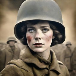 A high-quality, live-action film poster featuring Dorothy Lawrence, the fearless female journalist, disguised as a male British soldier during World War I