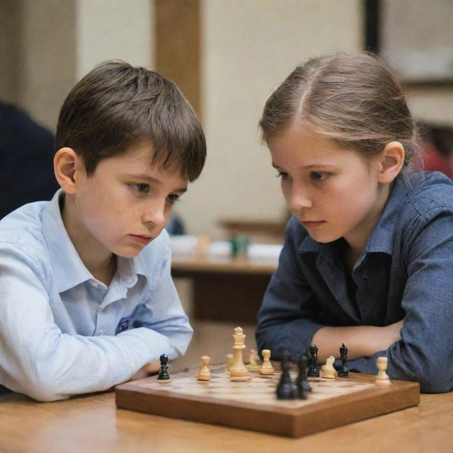 A young boy and a girl seated down, deeply engrossed in a competitive game of chess.