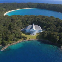 A grand school building in a landscape frame with the Mariana Trench prominently situated in the foreground, displaying a striking contrast between education and nature's depths.