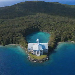 A grand school building in a landscape frame with the Mariana Trench prominently situated in the foreground, displaying a striking contrast between education and nature's depths.