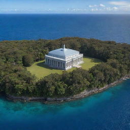 A grand school building in a landscape frame with the Mariana Trench prominently situated in the foreground, displaying a striking contrast between education and nature's depths.