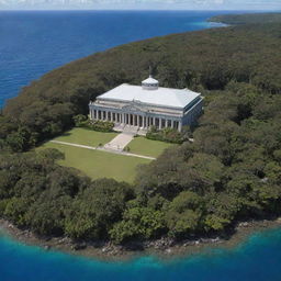 A grand school building in a landscape frame with the Mariana Trench prominently situated in the foreground, displaying a striking contrast between education and nature's depths.