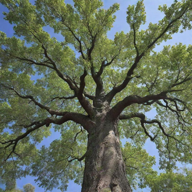 A lavish tree in full bloom, with abundant, glossy green leaves and a rugged, bark-laden trunk standing tall against a clear blue sky.