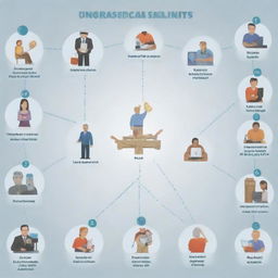 A visual representation of strong social safety nets, including an array of unemployment benefits and job placement services, serving to assist displaced workers in a compassionate and efficient manner.