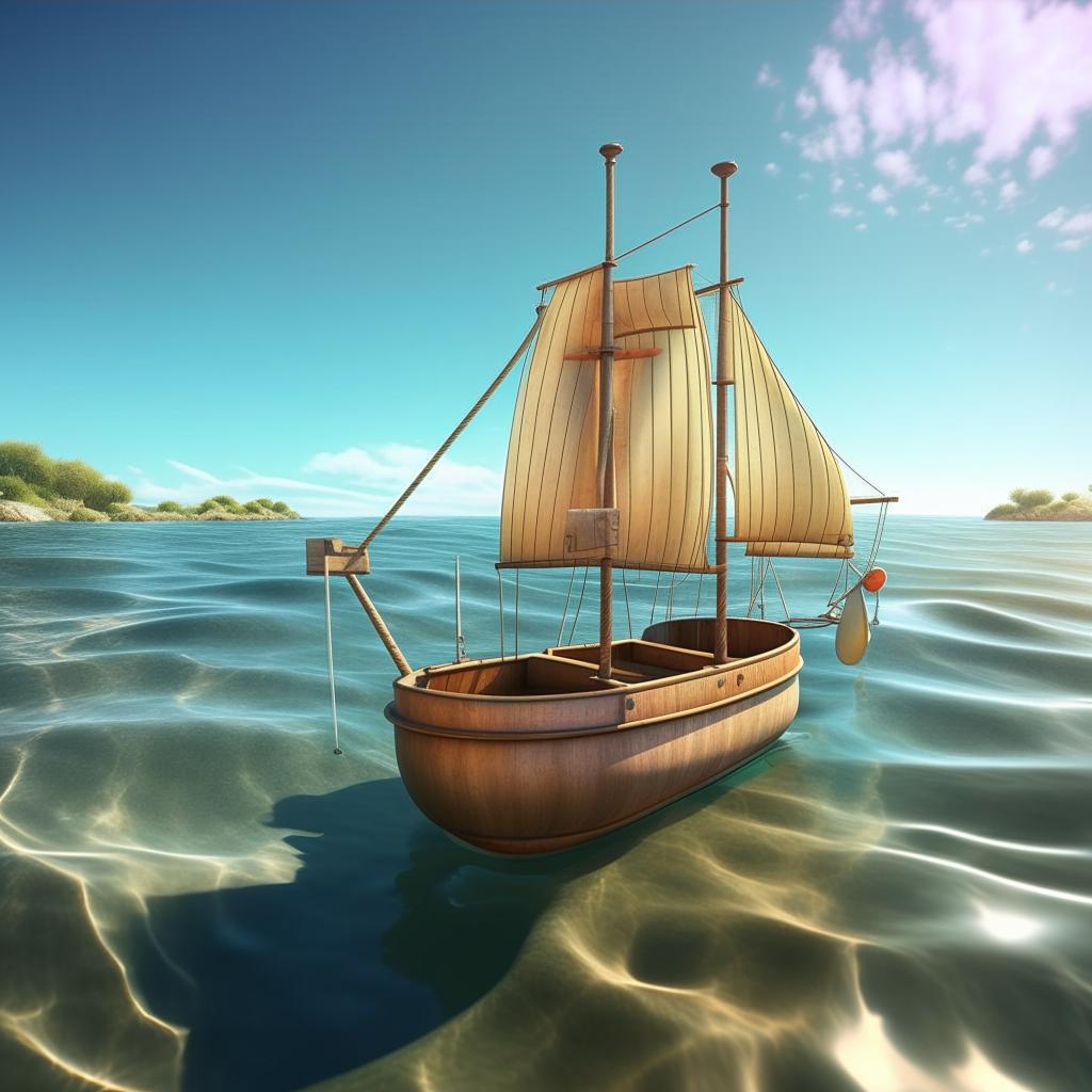 A whimsical bathtub boat with a sturdy sail, navigating through crystal-clear waters, surrounded by gentle waves and a clear sky.