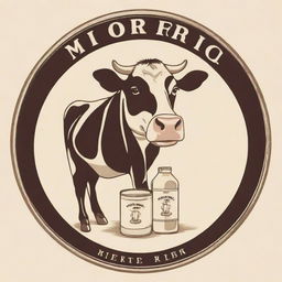 A milk company logo featuring a cow and milk cans. It should be vivid and appealing with a vintage touch.