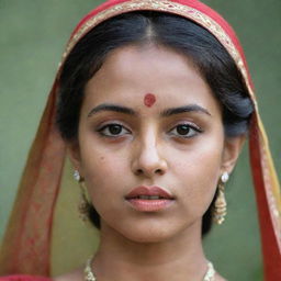 A girl wearing traditional Indian attire, with a distinctive mole on the left side of her chin. She has thick, well-shaped lips and a wide forehead.